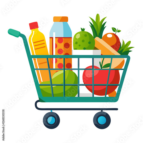 A shopping cart brimming with groceries is seen inside a supermarket. Fresh fruits, vegetables, and various drinks showcase a healthy shopping choice during a busy day