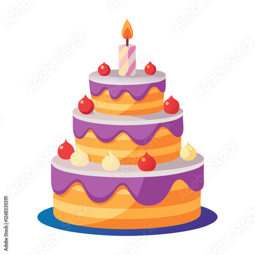 A vibrant three-tiered birthday cake features purple and orange layers adorned with whipped cream swirls, cherries, and a single candle ready for celebration, perfect for any party