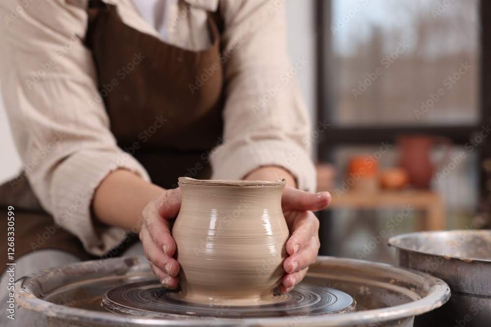 Hobby and craft. Woman making pottery indoors, closeup