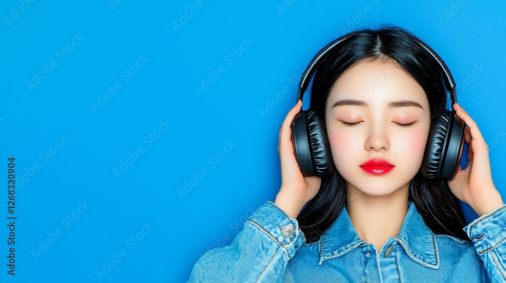Serene woman enjoying music with headphones against a vibrant blue background. Serene woman enjoying music with headphones against a vibrant blue background.