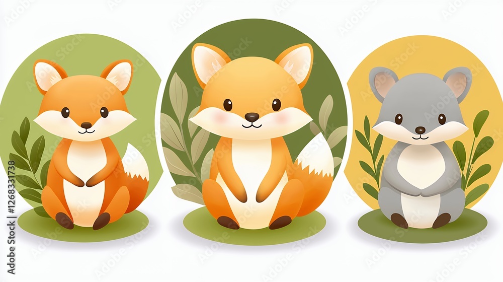 Three Adorable Cartoon Foxes and a Gray Mouse Sitting Amidst Greenery on Soft Circular Backgrounds Three Adorable Cartoon Foxes and a Gray Mouse Sitting Amidst Greenery on Soft Circular Backgrounds