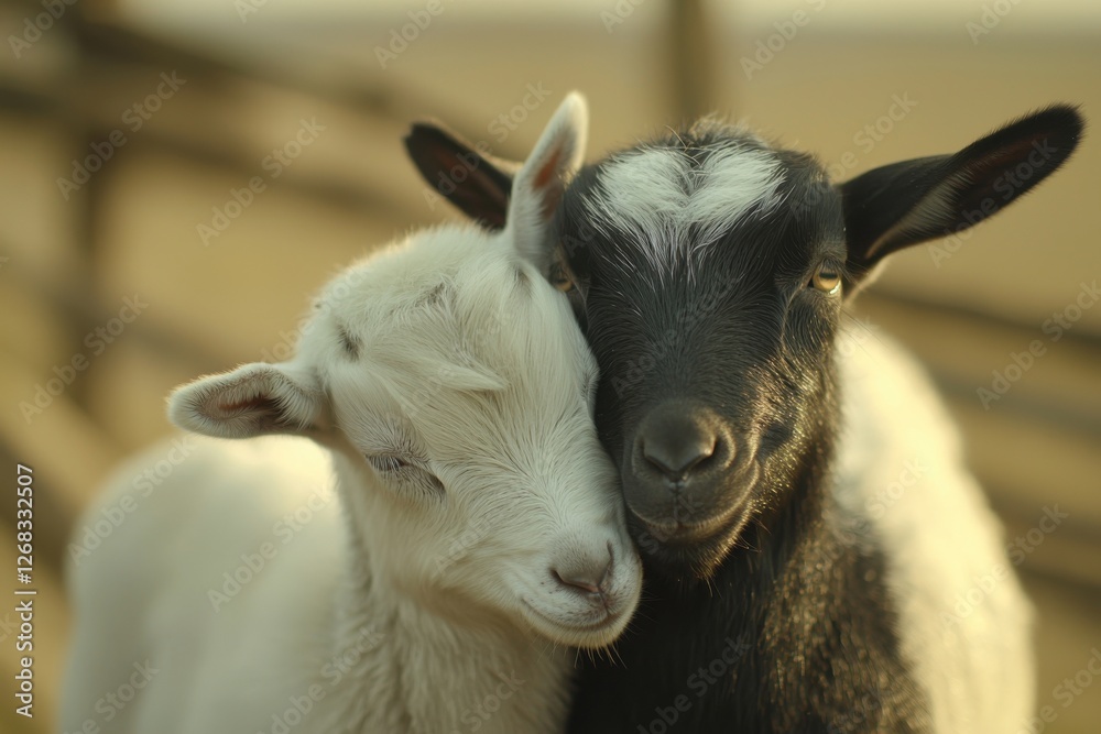 Two adorable goats share a sweet moment, their heads gently touching in a display of affection and friendship on a sunny farm background. Two adorable goats share a sweet moment, their heads gently touching in a display of affection and friendship on a sunny farm background.