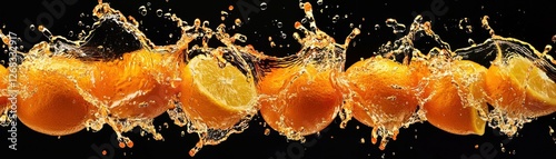 Vibrant splash of orange juice with fresh citrus slices, capturing the essence of summer. Perfect for beverage promotions or healthy lifestyle themes.