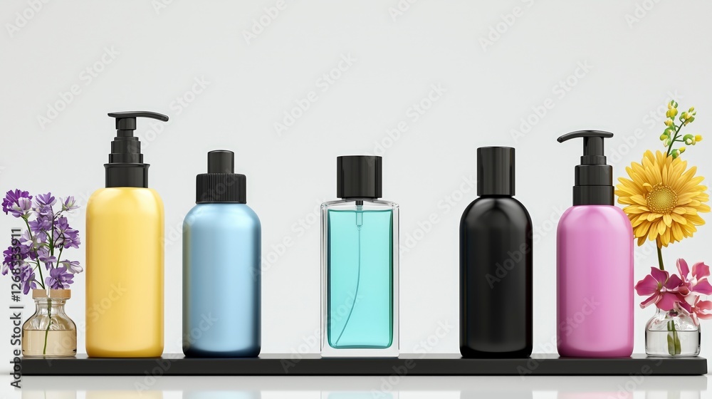 Colorful cosmetic bottles lined up with flowers in a minimalistic setting. Colorful cosmetic bottles lined up with flowers in a minimalistic setting.