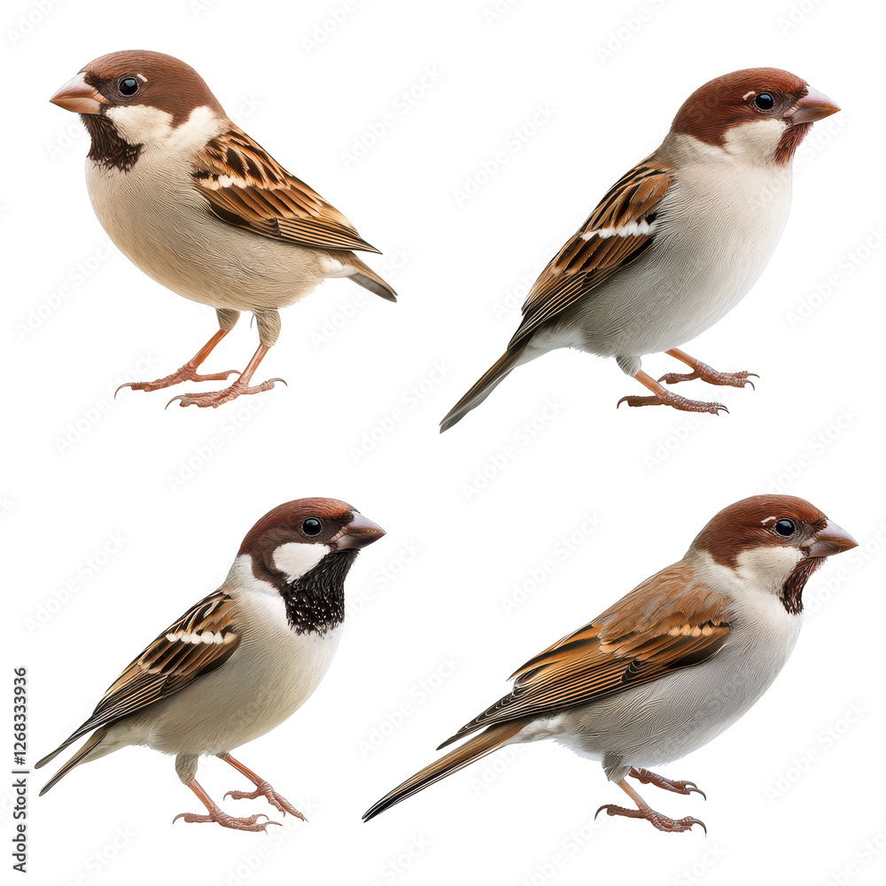 Fototapeta premium Four different sparrows showcasing unique poses and expressions. transparent background