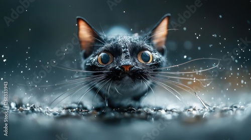 A black cat with large eyes and long whiskers peering out of the rain.