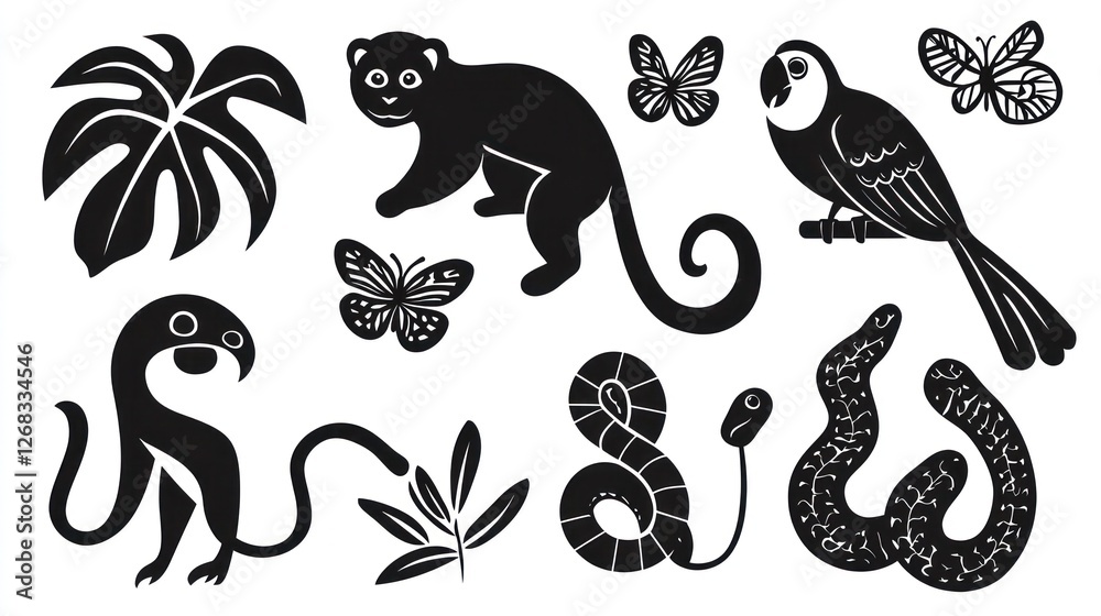 Fototapeta premium Tropical rainforest animals silhouettes; design elements
