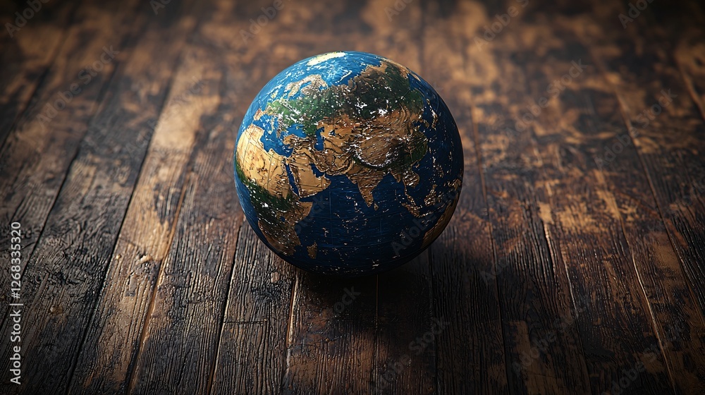 Earth globe on wooden floor, environmental concept Earth globe on wooden floor, environmental concept