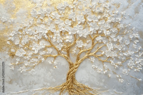 Luxurious 3D wallpaper featuring a shimmering golden tree of life with realistic white floral accents and soft textures.