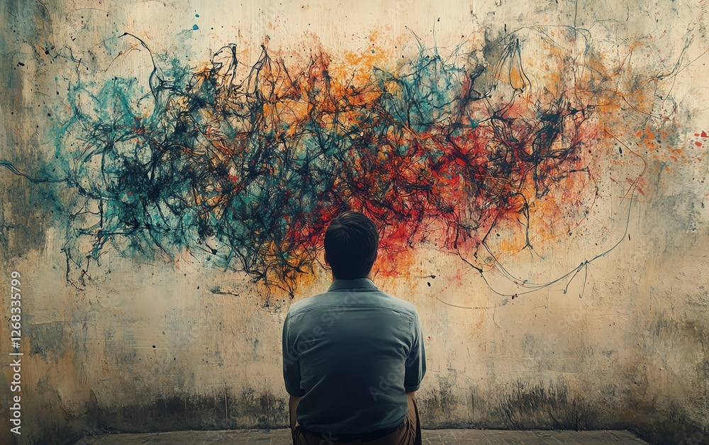 Obraz premium Complex problemsolving visualization, man confronting tangled thoughts, chaotic mind, creative breakthrough, abstract representation of tangled ideas leading to clarity