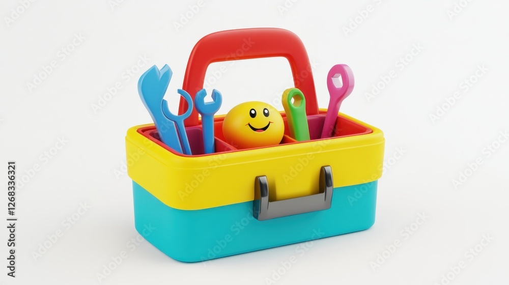 Obraz premium Colorful Toy Toolbox with Smiling Face and Various Tools Inside