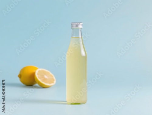 Glass bottle filled with lemon juice, accompanied by whole and halved lemons on soft blue background
