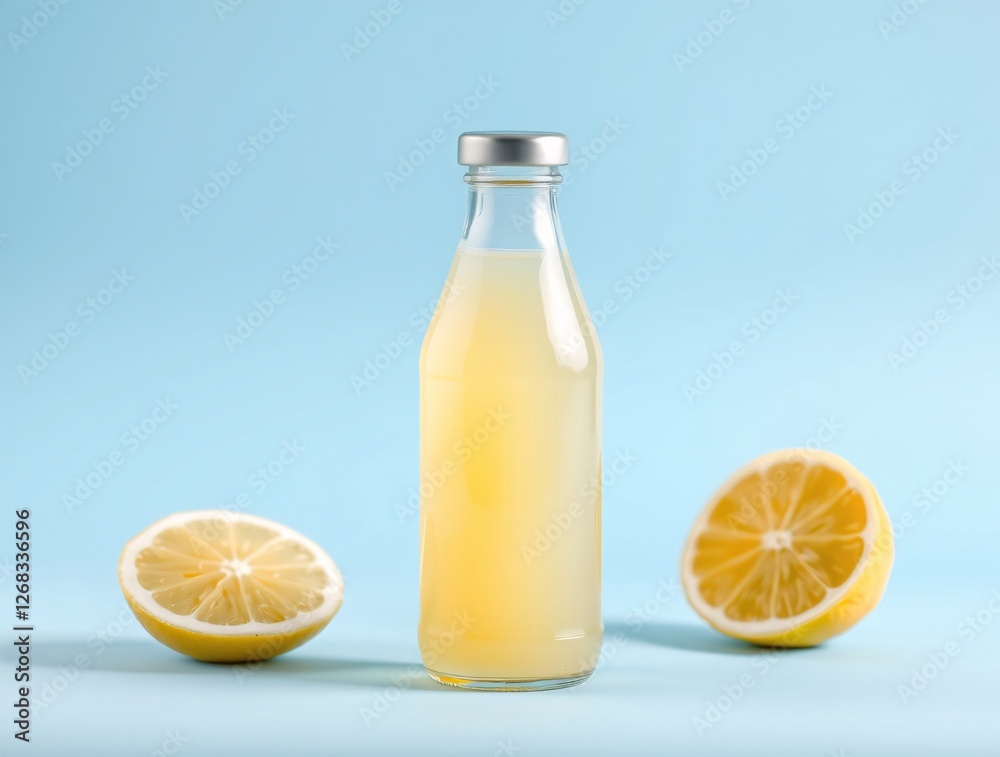 Glass bottle filled with lemon juice, accompanied by whole and halved lemons on soft blue background Glass bottle filled with lemon juice, accompanied by whole and halved lemons on soft blue background