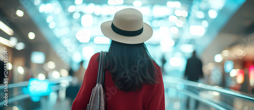 Journey's Start: A woman, seen from behind, strides confidently through the brightly illuminated terminal, beckoning viewers to embark on their next great adventure. photo
