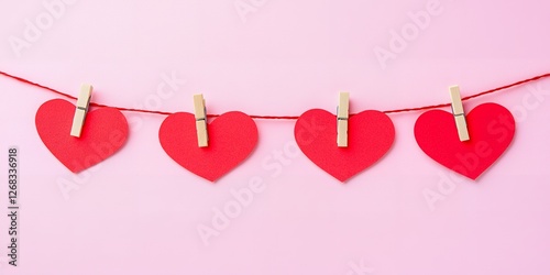 Romantic Red Paper Hearts Hanging on String with Wooden Clothespins on Pink Background