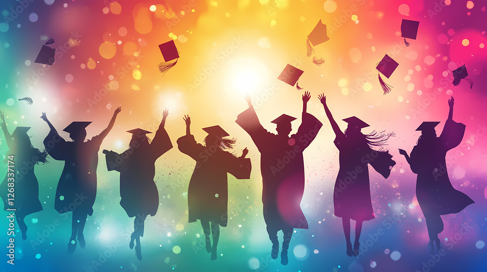 Silhouette of Graduates: A vibrant illustration capturing the joyous moment of graduation, with silhouettes of graduates throwing their caps in the air, against a background of colorful bokeh lights. Silhouette of Graduates: A vibrant illustration capturing the joyous moment of graduation, with silhouettes of graduates throwing their caps in the air, against a background of colorful bokeh lights.