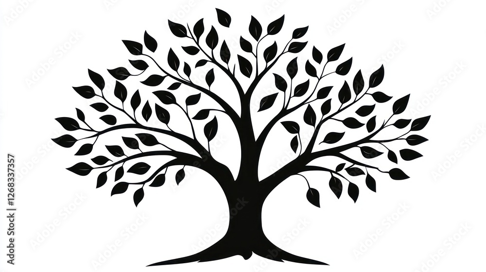 Lush black tree, leaves, white background, nature illustration, design element Lush black tree, leaves, white background, nature illustration, design element