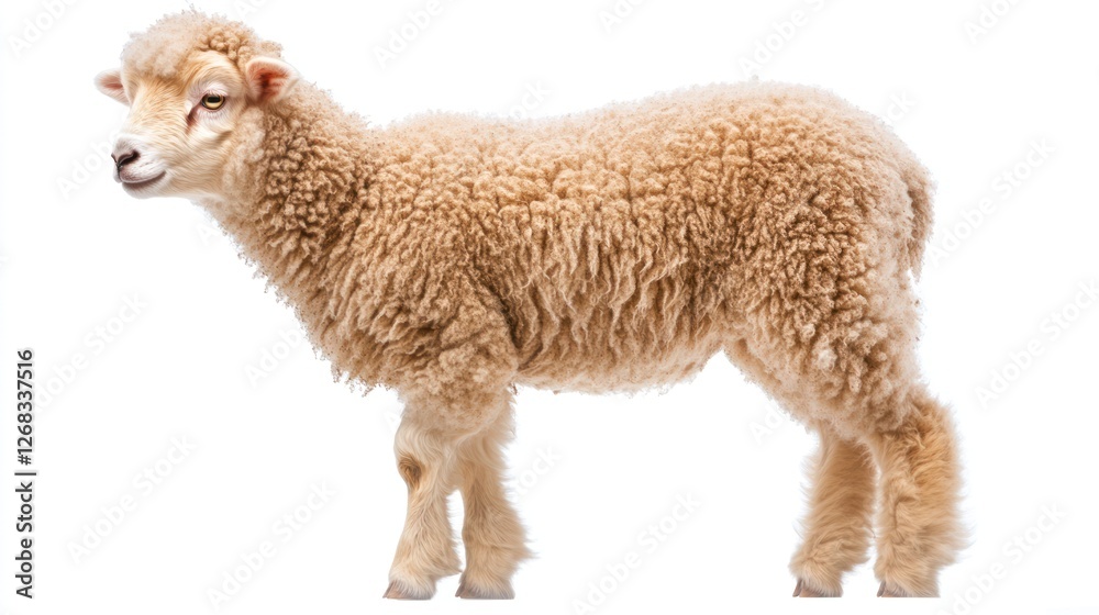 Fluffy lamb standing, white background, farm animal, agriculture Fluffy lamb standing, white background, farm animal, agriculture