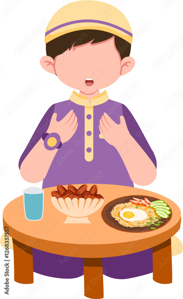 Muslim Boy Saying Grace Before a Delicious Meal Muslim Boy Saying Grace Before a Delicious Meal