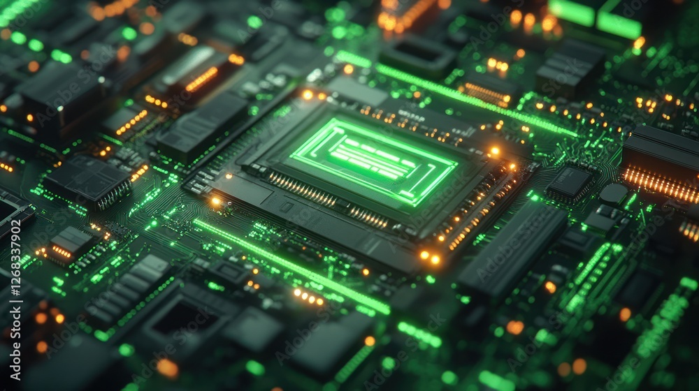 Futuristic CPU glowing green on motherboard, tech background