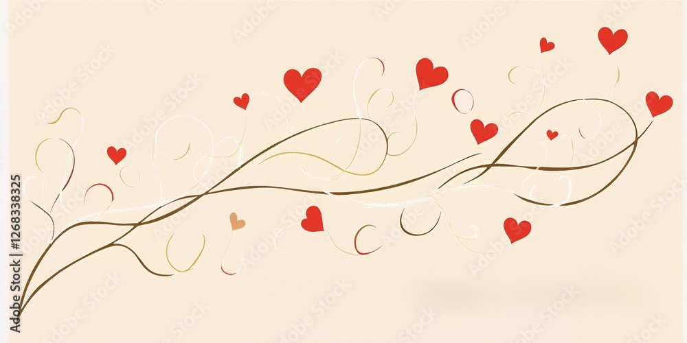 Romantic Valentine s Day Design Hearts and Swirling Vines on Beige Background Romantic Valentine s Day Design Hearts and Swirling Vines on Beige Background
