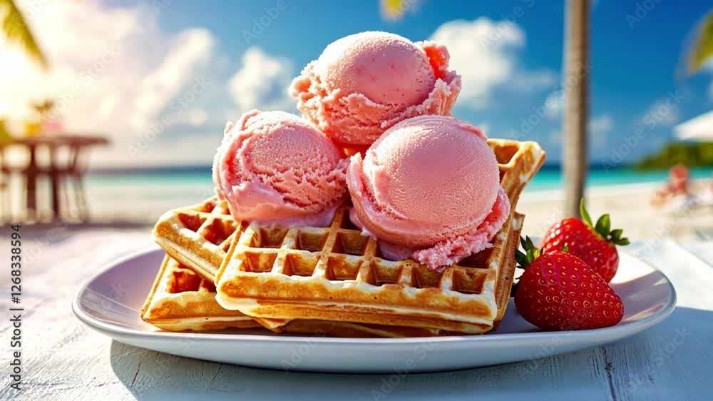 Strawberry Ice Cream on Waffles: Indulge in a delightful summer treat—three scoops of pink strawberry ice cream nestled atop golden waffles, accompanied by fresh strawberries.