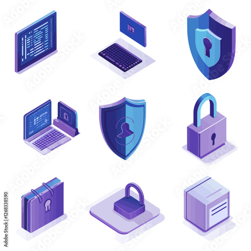 Isometric Cybersecurity Icons: Data Protection, Security Shield, Password, and Padlock
