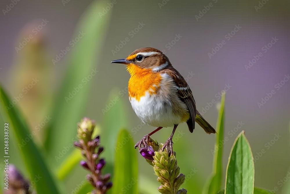 Fototapeta premium Close-up of a Small Bird Perched on a Plant with Colorful Feathers