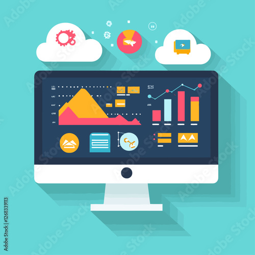 Computer screen with data graphs and charts showing business analysis.