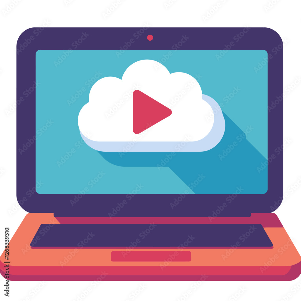 Laptop with Cloud Video Play Icon, Streaming, Technology Concept, Design