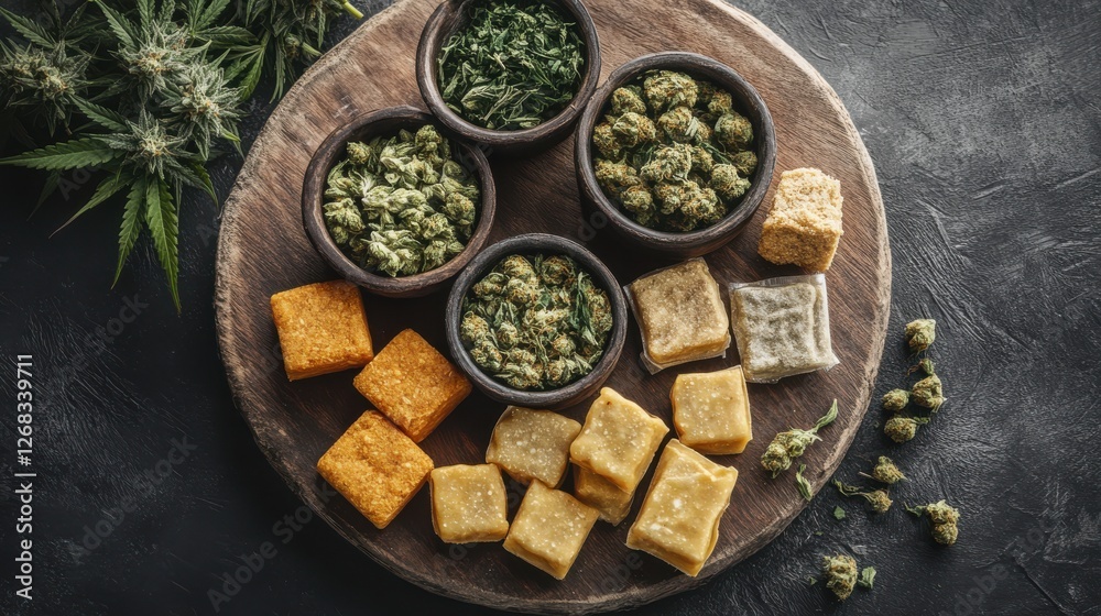 Beautifully arranged selection of cannabis products and edibles Beautifully arranged selection of cannabis products and edibles