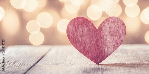 Romantic Pink Wooden Heart on Rustic Wooden Table with Bokeh Lights Background