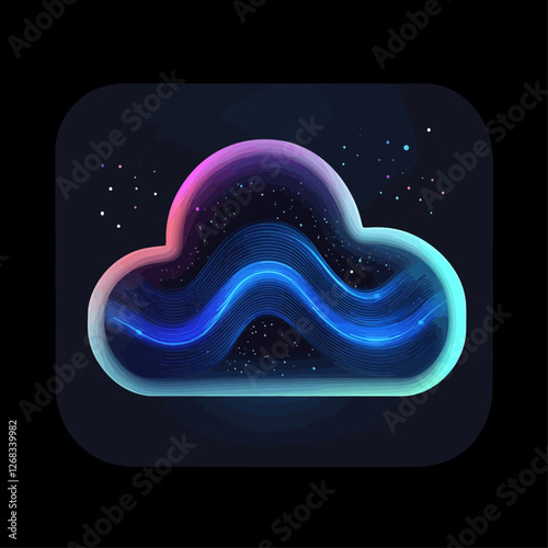 Cloud Computing Icon: Futuristic Neon Design with Glowing Lines and Dots