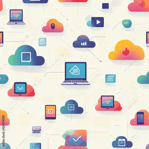 Cloud Computing Seamless Pattern with Digital Devices and Icons