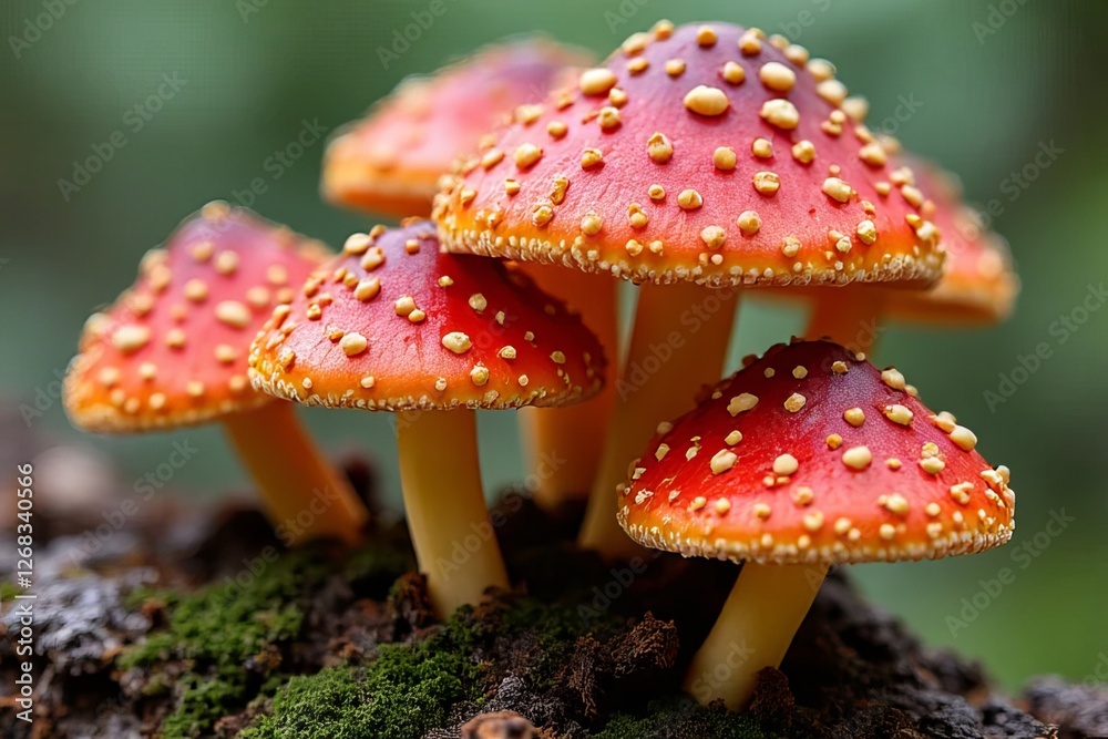 Obraz premium Close-up of vibrant red and orange spotted mushrooms growing in the forest floor