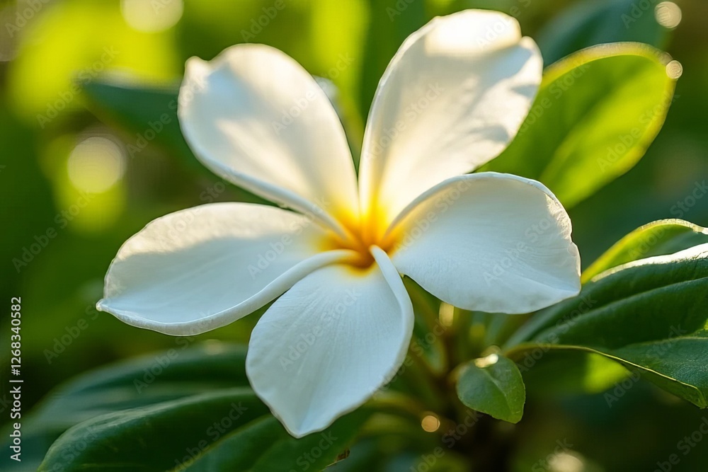 Fototapeta premium Closeup of a Beautiful White Plumeria Flower in Sunlight