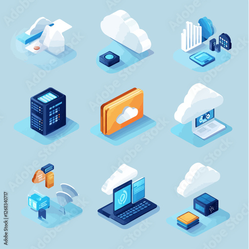 Cloud Computing Icons: Isometric Design with Servers, Laptops, Data.