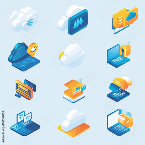 Cloud Computing Icons Set Illustration, Data Storage and Technology