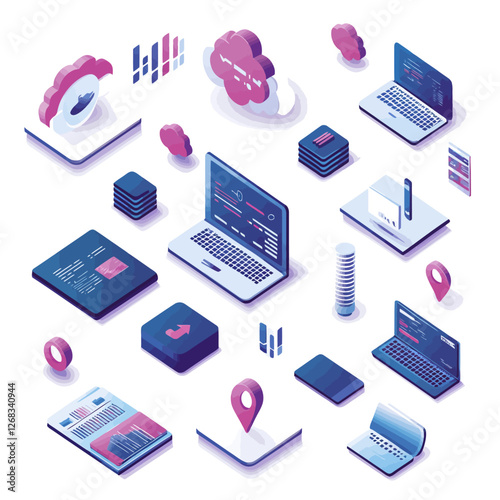 Isometric Technology Concept, Cloud Computing, Data, Laptops, Phone, Modern Design