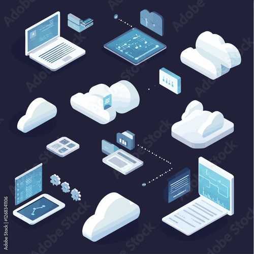 Isometric view of cloud computing and data management technology