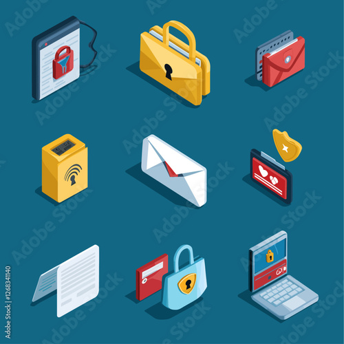 Isometric security icons, lock, shield, data protection, internet privacy, network