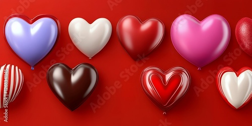 Colorful Heart Shaped Balloons and Candies on Red Background Valentine s Day Concept
