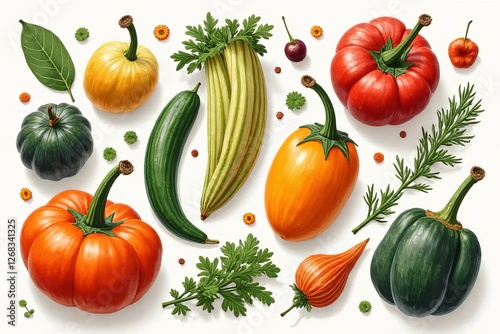 Colorful Autumn Vegetables and Herbs - Artistic Illustration of Pumpkins, Peppers, Cucumbers, and Squash