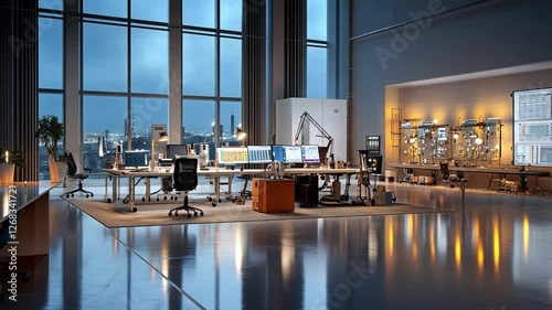 Wallpaper Mural Modern Office Interior: A contemporary office interior, with sleek furniture and expansive windows offering panoramic views of the city skyline, sets a stage for collaboration and innovation. Torontodigital.ca