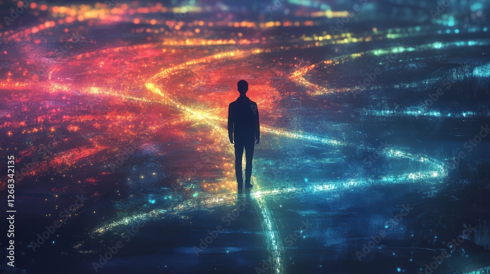 crossroads of multiple glowing paths, choosing the best direction for growth crossroads of multiple glowing paths, choosing the best direction for growth