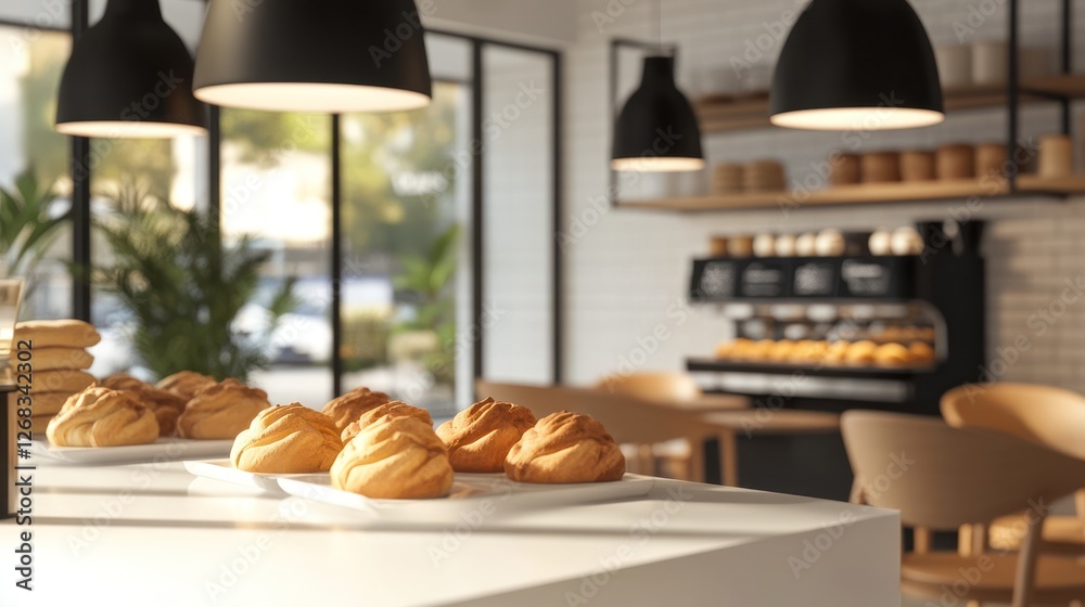 Obraz premium Bakery cafe interior, pastries display, sunny day, customers seating