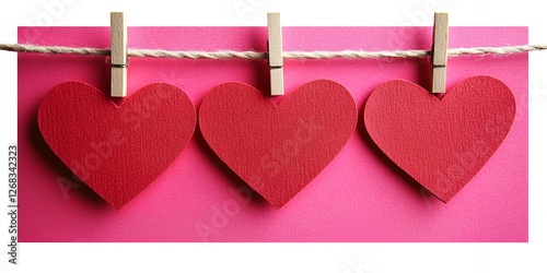 Three Red Paper Hearts Hanging on Pink Background Valentine s Day Love Romance Concept
