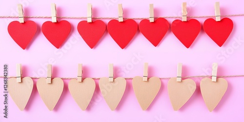 Red and Beige Wooden Hearts Hanging on Clothesline Valentine s Day Decor