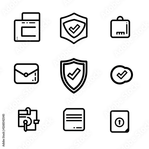 Secure Folder, Shield, Key Lock, Envelope, Document, Checkmark, and Icons Set.