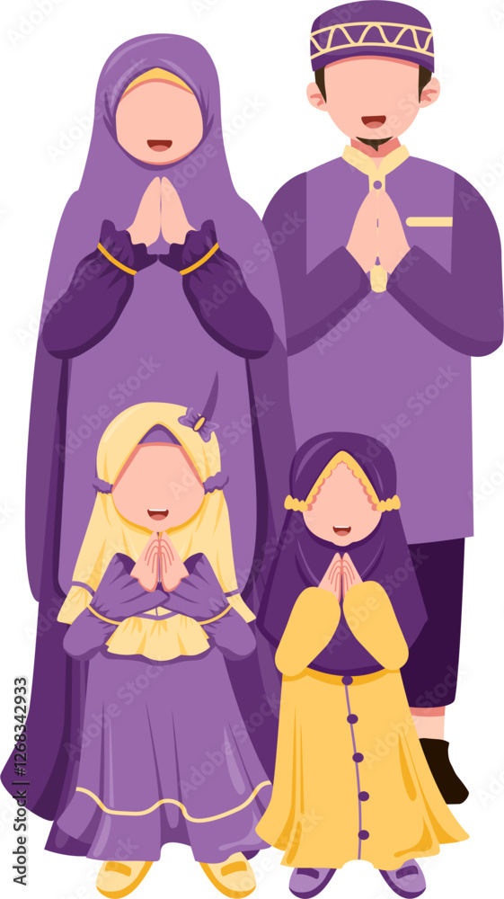 Muslim Family in Prayer: Flat Vector Illustration, Eid Greetings Muslim Family in Prayer: Flat Vector Illustration, Eid Greetings